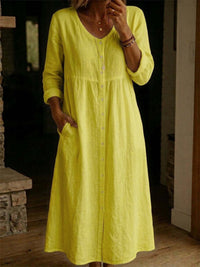Fashionable Casual Loose Long-Sleeve Cotton-Linen Button-Up Womens Long Dress