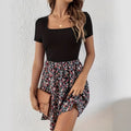 SpringSummer Printed High Waisted Fake Two Piece Short Sleeve Dress For Women