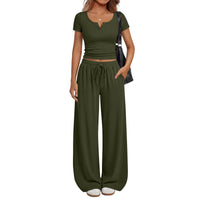 Women's Loungewear Short-Sleeve Top And Wide-Leg Pants Set