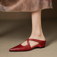 Vintage First Layer Washed Cowhide Pointed-toe Mules Shoes Outer Wear