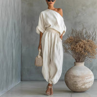 Womens Solid-Color Elegant Off-Shoulder Top And Pants Loose Two-Piece Set