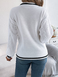 Color Block V-Neck Cable Knit Lantern Sleeve Sweater