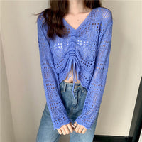 Drawstring V-neck Relaxed-fit Sun-protective Long-sleeve Cover-up