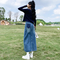 Front Slit High Waist Denim Skirt For Women