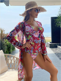 European And American Botanical Print Pleated Three-piece Swimsuit