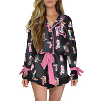 Women's Printed Satin Multi-color Long Sleeve Shorts Loose Loungewear