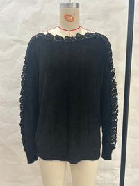 Elegant Boat-neck Lace Stitching Sleeve Knitted Sweater