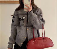 Christmas Puppy Jacquard Round Neck Sweater Cardigan Coat Loose All-matching Sweater