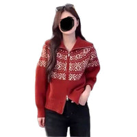 Casual Retro Lapel Double Zipper Knitted Cardigan