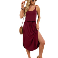 Spring Summer New Solid-Color U-Neck Camisole Drawstring Slit Dress