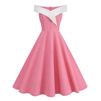 Womens Retro Off-the-Shoulder Sleeveless Contrast-Color Formal Dress