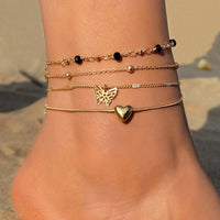 Personality Retro Love Butterfly Pearl Chain Multi-layer Anklet Set Of Ornaments