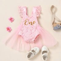 Baby's Flying Sleeve Lace Mesh Print Onesie