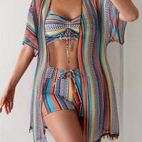 Womens Three-piece Striped Bikini Swimsuit Set
