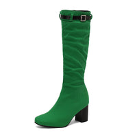 Chunky-heeled Over-the-knee Boots With Color-block Leather Belt Buckle
