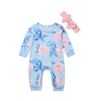 Girls' Long-sleeved Flower Climbing Romper And Headband Jumpsuit