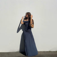 Off-shoulder Boat-neckline Figure-hugging Pleated Tube Dress