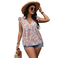 Lotus Edge Pullover Print Casual V-neck Sleeveless Short Shirt