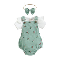 New Sunken Stripe Flounced Sleeve Floral Corduroy Suspender Pants Hair Band Three-piece Suit