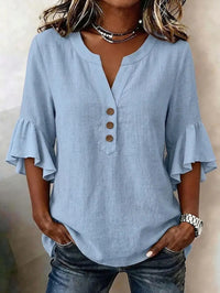 Solid-color V-neck Three-quarter-sleeve Ruffled Casual Cotton-linen Top