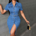 Womens Mid-Length Retro Button-Front Denim Dress