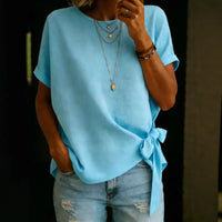 Womens Summer New Solid Color Short-Sleeve Loose T-Shirt With Knotted Hem