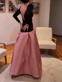 Black Knit Backless  Satin Ball Gown Maxi Dress