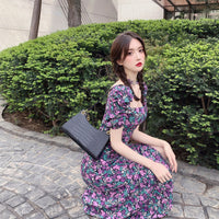 Summer Purple Puff-Sleeve Floral Dress For Women