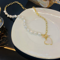 Womens Metallic Spliced Asymmetric Heart Pearl Necklace