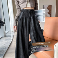 High Waist Loose Straight Slimming Leather Wide-leg Pants Drape Mop Pants