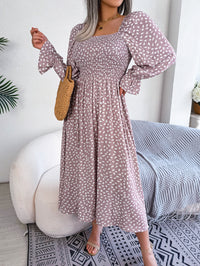 Women Square Neck Long Sleeve Vacation Rayon Pleated Maxi Dress