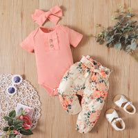 Infant Sunken Stripe Short Sleeve Tight Romper And Printed Trousers Suit