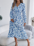 Women's Elegant Floral Print Cross V Neck Tie Waist Ruffle Maxi Dress