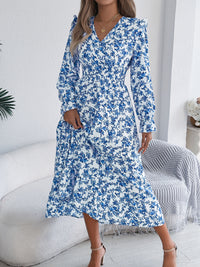 Women's Elegant Floral Print Cross V Neck Tie Waist Ruffle Maxi Dress