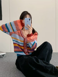 Women's Rainbow Knitted Cardigan Women's V-neck Sweater