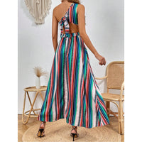 Womens Striped Printed One-Shoulder Slit Thigh-Length Dress