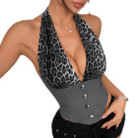 Leopard-print Patchwork Halter Deep-V Fishbone Base Vest For Women