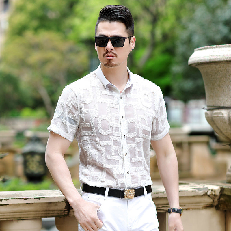 Summer New Style  Men's Shirts Slim Hollow Embroidered Non-iron Casual Shirts