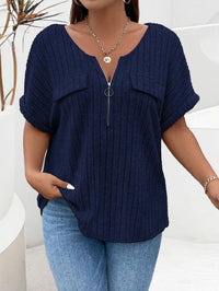 Solid-color Plus-size Top With Zipper Short Sleeves And Faux Pockets