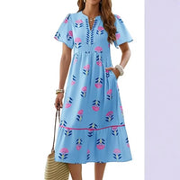 V-neck Loose-fitting Fashionable Floral-print Elegant Short-sleeve Dress