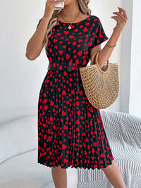 Women's Casual Color Block Heart Print Short Sleeve Tie Waist Pleated Dress