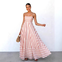New Striped Printed High-Waisted Flared Resort Sundress With Straps