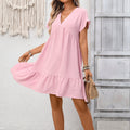 Ruffle-Trimmed V-Neck Solid-Color Resort Dress