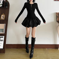 Womens Fashion Patchwork Lace-Up Long-Sleeve Dress