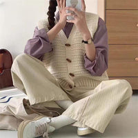 College Style Knitted Cardigan Vest Solid Color Wooden Buckle Bandage Dress