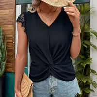 Womens Top Knotted Short-Sleeve T-Shirt V-Neck Lace Paneling