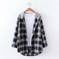 Retro Hong Kong Style Springsummer Autumn Plaid Shirt Women's Loose And Hooded Cardigan Coat