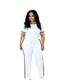 European And American SpringSummer Fashion Womens Trendy Patchwork Ribbed Contrasting Color Casual Two-Piece Set