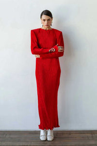 Solid-color Crew-neck Split-fit Long Dress