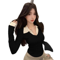 Preppy-style Mock Two-piece Polo-neck Knit Top